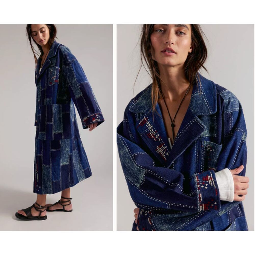 Free People We The Free Open Studio Duster Indigo Patchwork Denim Coat M/L NWT
